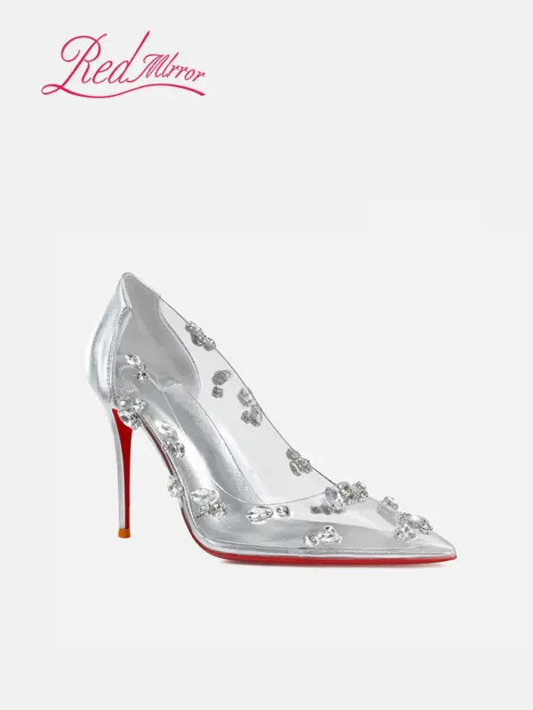 Red sole transparent pointed head sexy female stiletto high heels wedding shoes silver rhinestone crystal fairy style new 2024 - AliExpress 322 - Image 5