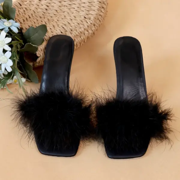A pair of black women's casual high heels with soft chicken hair design and black high-heeled sandals - AliExpress - Image 3