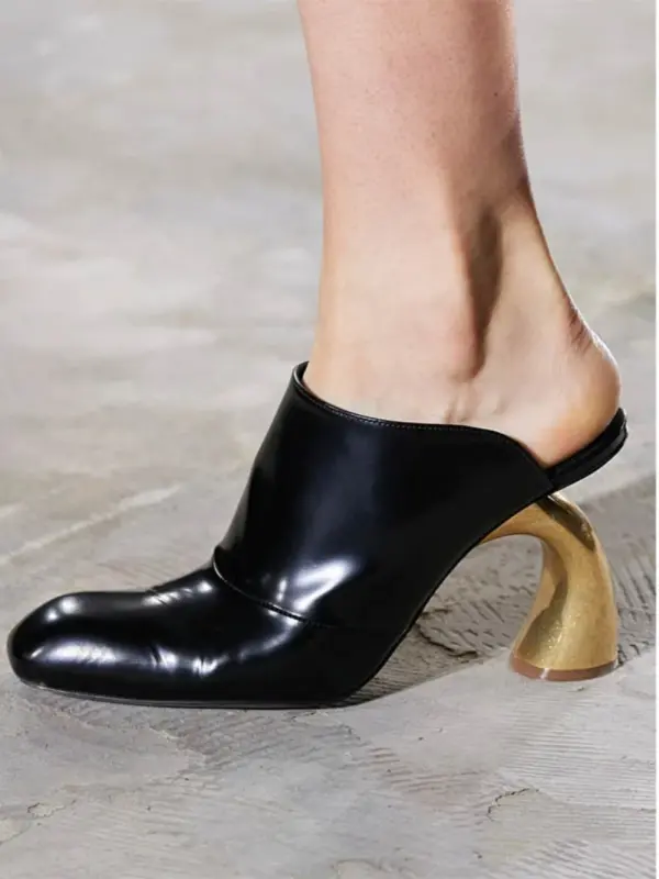 Women's Black Patent Leather Mules Square Toe Chunky High Heel Backless Shoes Slip - On Party Daily Unique Sculpted Heel Pumps - AliExpress 322 - Image 4
