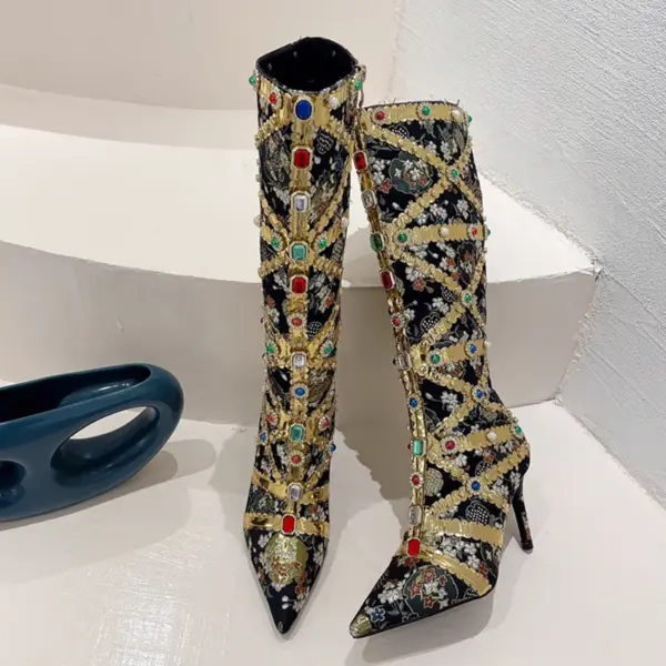 Liyke Runway Fashion Color Gem Knee High Boots Women Handwork Embroider Sexy Pointed Toe Zip Party Stripper Heels Shoes Booties - AliExpress 322 - Image 2