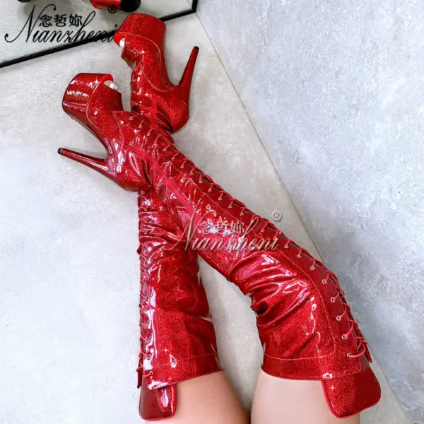 Glitter Real photos 7 inch High Heels pole Dance 17cm over the Knee Long Boots Platform Exotic Stripper Red Cross dressing Sexy - AliExpress 322