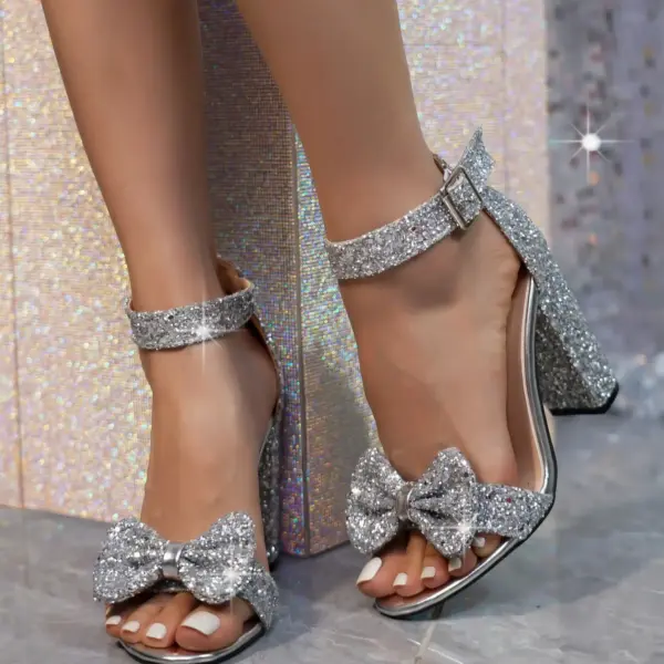 Xibeilove 2023 New Women's Sandals Fashionable Shiny Bow Tie Banquete Line Strap Thick High Heel Sandals - Women's Sandals - AliExpress - Image 2