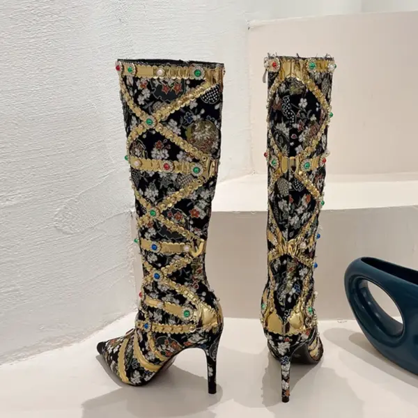 Liyke Runway Fashion Color Gem Knee High Boots Women Handwork Embroider Sexy Pointed Toe Zip Party Stripper Heels Shoes Booties - AliExpress 322 - Image 6