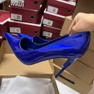 Tikicup Woman Shallow High Heels Shiny Blue Red Patent Leather Pointed Toe Stilettos Pumps Party Bridemaids Wedding Dress Shoes - AliExpress