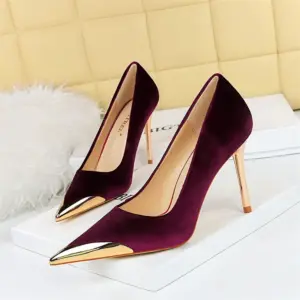 Women Fashion Comfort Suede High Heels Green Burgundy Pumps Metal Cap Pointed Toe Velvet Evening Party Office Single Shoes - AliExpress 322