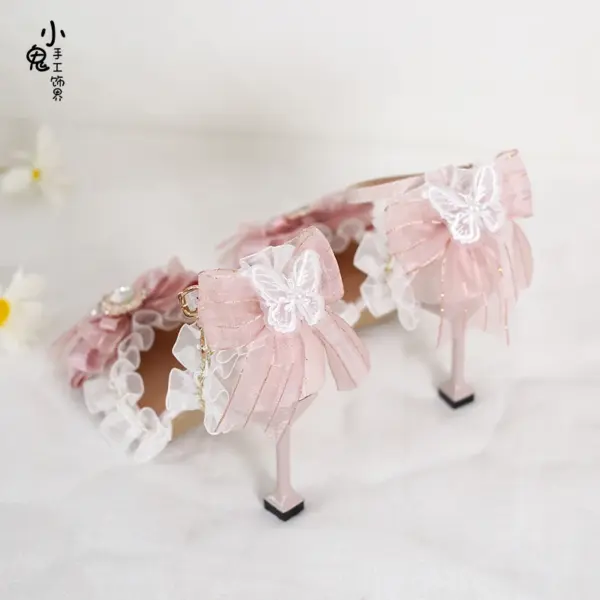 Original Butterfly Pink Flower Marriage Lolita High Heels Handmade Lolita Sandals Single Shoes - AliExpress - Image 4