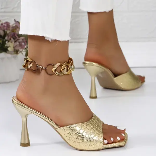 Luxury Gold Silver High Heels Sandals Women 2025 Slip On Square Toe Summer Slippers Woman Plus Size 43 Thin Heeled Party Shoes - AliExpress 322 - Image 5