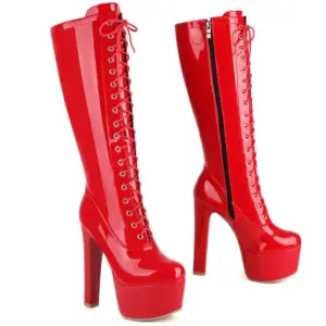 Patent Leather Plain Red White Lace-up Sexy Women Shoes Winter Footwear Round Toe Platform Spike High Heels Knee-high Boots Lady - AliExpress 322