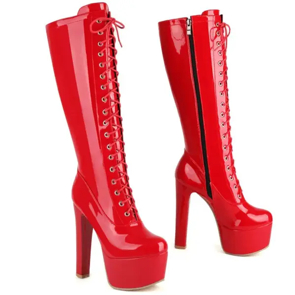 Patent Leather Plain Red White Lace-up Sexy Women Shoes Winter Footwear Round Toe Platform Spike High Heels Knee-high Boots Lady - AliExpress 322