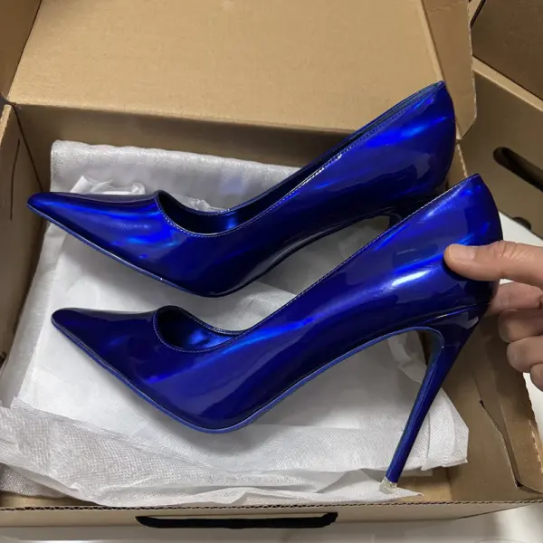 Tikicup Woman Shallow High Heels Shiny Blue Red Patent Leather Pointed Toe Stilettos Pumps Party Bridemaids Wedding Dress Shoes - AliExpress - Image 4
