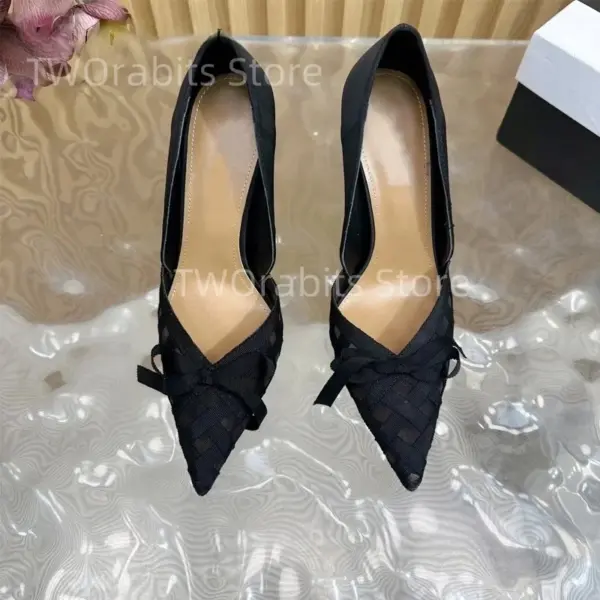 Sexy Translucent Velvet Ribbon Women's High Heels Elegant Sweet Banquet Dress Wedding Texture Niche Bow-knot Pointed Mesh Sandal - AliExpress 322 - Image 4