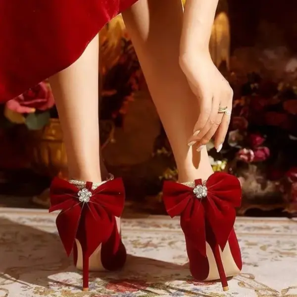 Red Xiuhe wedding shoes new pointy stiletto high heels female shallow mouth bow pearl one word buckle strap two wear bride shoes - AliExpress 322 - Image 4