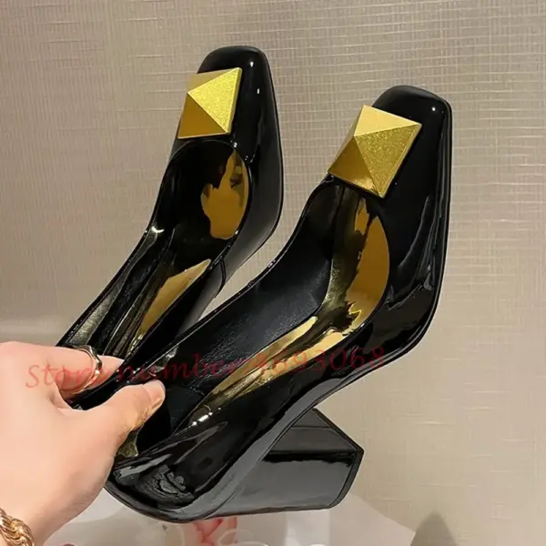 Metal Rivets Pink Women Pumps High Chunky Heels Dress Shoes Summer Square Toe Shiny Leather Pumps Fashion Office Ladies Pumps - AliExpress - Image 3