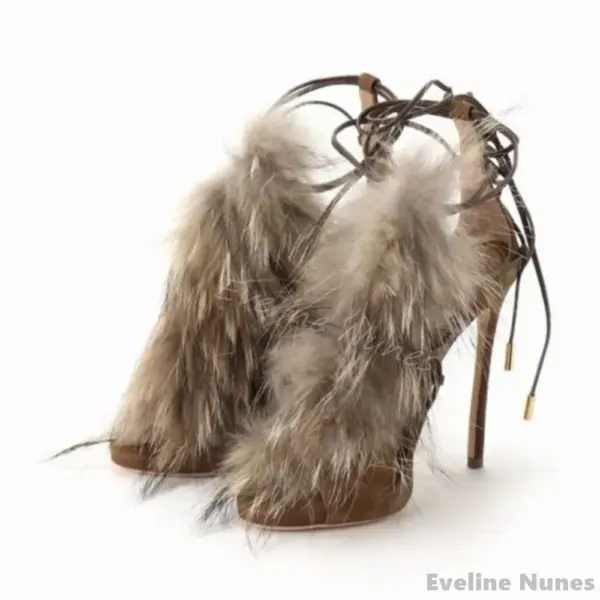 Furry Strappy Hollow Sandals Women Retro Brown Peep Toe Stiletto Heel Ankle Strap Sexy Sandals New Party Catwalk Elegant Pumps - AliExpress 322 - Image 2