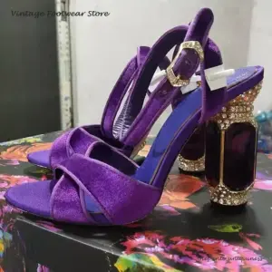 Vintage Velvet Cross Strap Modern Sandals Round Open Toe Crystal Square Heel Women's Shoes Summer Fashion Ankle Strap Sandals - AliExpress 322