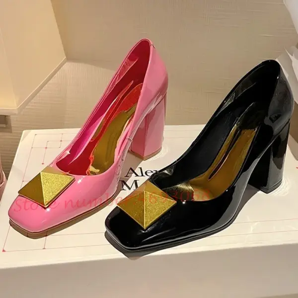 Metal Rivets Pink Women Pumps High Chunky Heels Dress Shoes Summer Square Toe Shiny Leather Pumps Fashion Office Ladies Pumps - AliExpress - Image 2