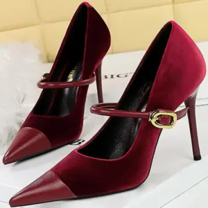 Korean Version Party 10cm 7cm High Heels Women Shoes Thin Heels Velvet Shallow Montage Pointed Toe Metal One-line Buckle Pumps - AliExpress 322