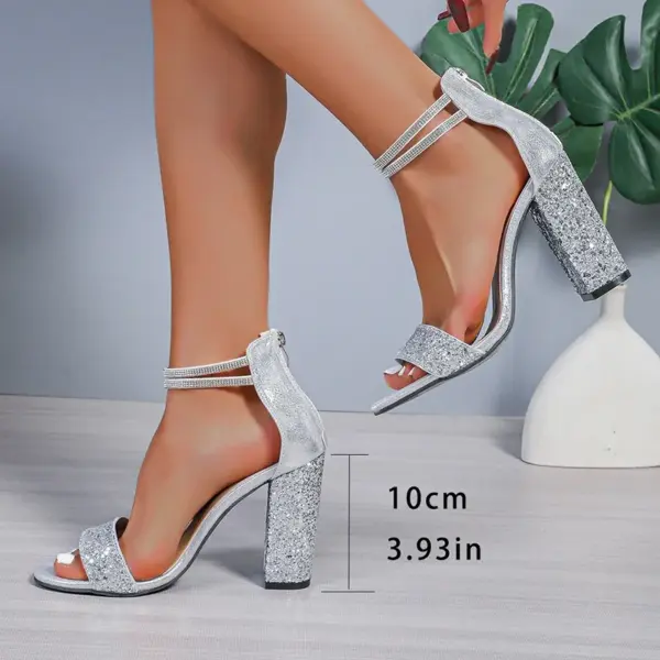 Shiny Sequin Silver High Heels Sandals Women Crystal Ankle Straps Party Shoes Woman 2025 Summer Pointed Toe Thick Heeled Sandals - AliExpress 322 - Image 6