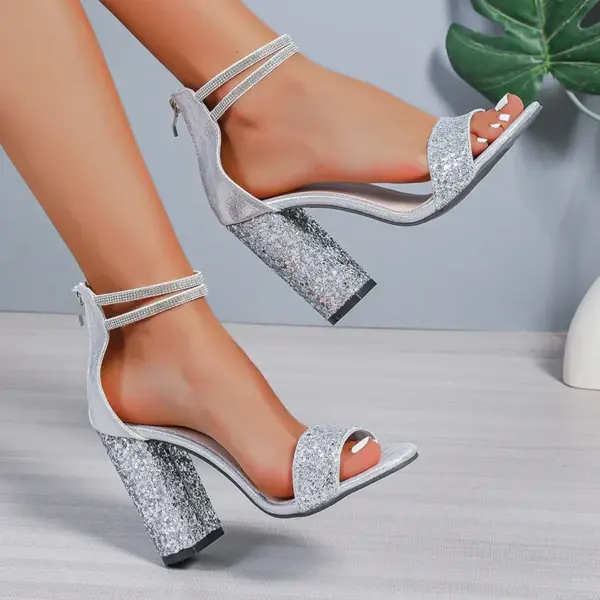 Shiny Sequin Silver High Heels Sandals Women Crystal Ankle Straps Party Shoes Woman 2025 Summer Pointed Toe Thick Heeled Sandals - AliExpress 322 - Image 4