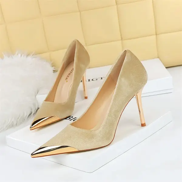 Women Fashion Comfort Suede High Heels Green Burgundy Pumps Metal Cap Pointed Toe Velvet Evening Party Office Single Shoes - AliExpress 322 - Image 4