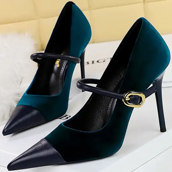 Korean Version Party 10cm 7cm High Heels Women Shoes Thin Heels Velvet Shallow Montage Pointed Toe Metal One-line Buckle Pumps - AliExpress 322 - Image 2