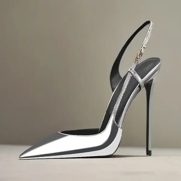 New silver patent leather flat buckle sandals with pointed edges and slim heels, stylish and stylish, worn in the backless style - AliExpress 322 - Image 5