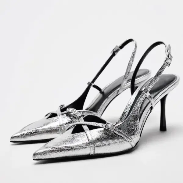 Luxury Silver Mules High Heels Women Sexy Pointed Toe Slingbacks Thin High Heels Sandals Elegant Metal Buckle Design Women Pumps - AliExpress 322