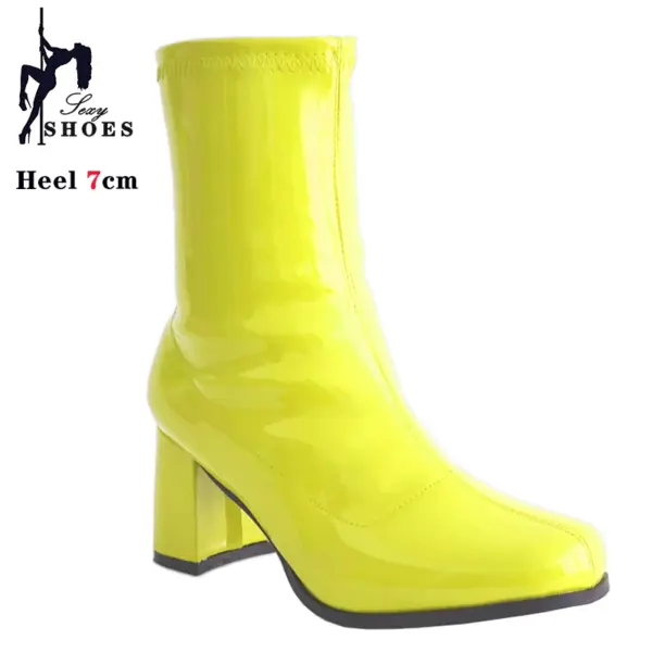 New 7cm High-heeled Cross Dressing Shoes Gogo Boots 60s 70s Square Heel Ankle Boots Sexy Round Toe Leather Zip Women Short Boots - AliExpress 322 - Image 5