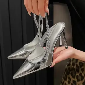 Women Crystal High Heels Slingback Pointy Toe Silver Pumps Fashion Luxury Brands Thin Heel Sandals Metallic Party Casual Shoes - AliExpress 322