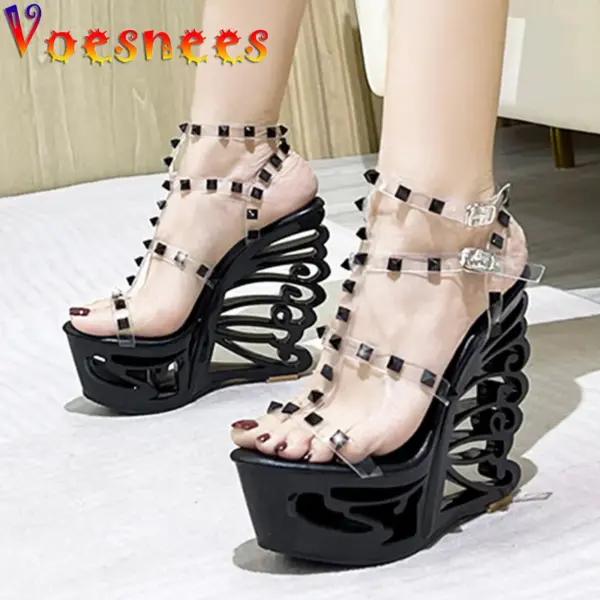 New 2022 Women's Rivet Transparent Sandals Hollow Out Wedge High Heel Shoe Silver Super High Nightclub Steel Tube Dancing Shoes - AliExpress 322 - Image 4