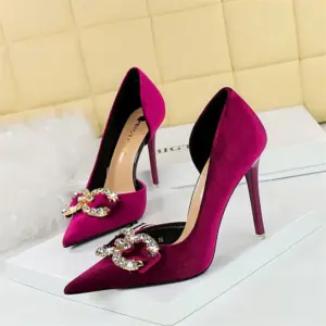 Fashion Women High Heel Rhinestone Buckle Bow Green Pink Pointed Toe Party Pumps Velvet Luxury Elegant Wedding Evening Shoes - AliExpress 322