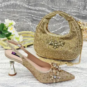 Goldfarbenes Strass-Design, klassischer Stil, Damen-Clutch mit Schuhen, afrikanische Damen-Schuhe und Taschen-Set für Pendler oder Party - AliExpress 322