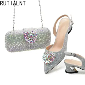 Luxuriöses Designer-Set aus italienischen passenden Schuhen und Taschen in Silber, verziert mit Strasssteinen, Schuh- und Taschenset für Partys für nigerianische Frauen - AliExpress 322