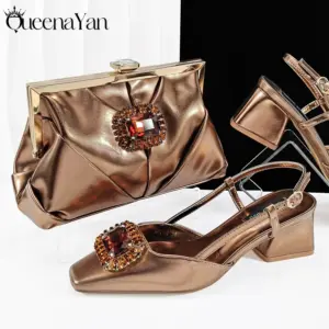 Queena Yan 2025, nigerianisches Bankett-Schuhe- und Taschen-Set, modische Damen-passende Schuhe und Tasche, High Heels, Hochzeit, Party, Kaffeefarbe - AliExpress 322